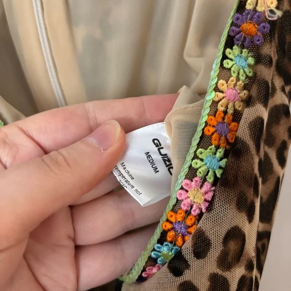 guizio brown cheetah leopard print bodycon mini dress with colourful floral trim - Picture 6 of 6